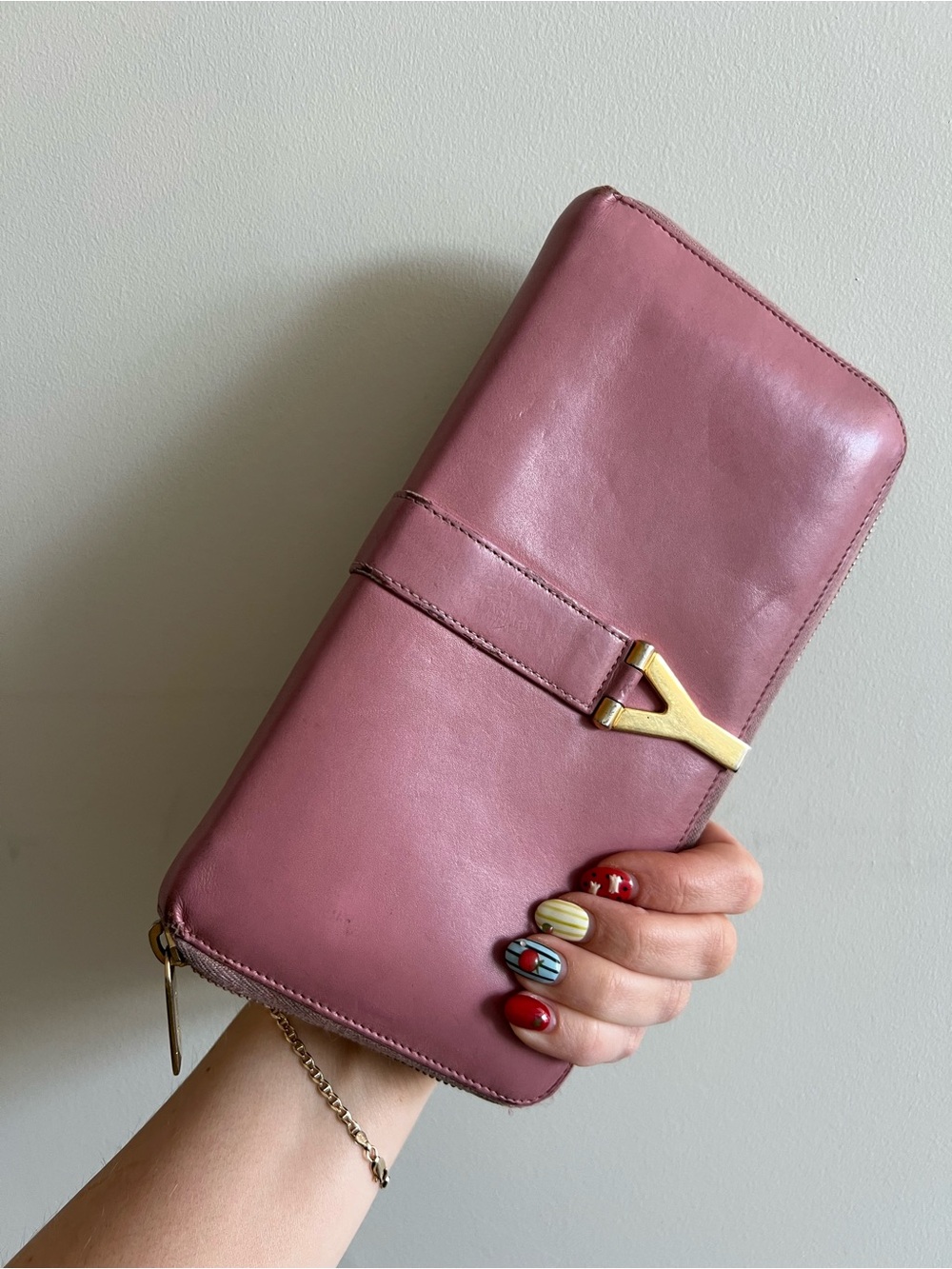 Authentic YSL Women's Pink Zip Wallet with Gold Accent
